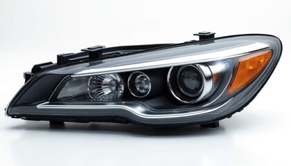Obraz premium Modern car headlight assembly with integrated LED lighting and orange signal indicator. Automotive part isolated on clean white background, ready for use.