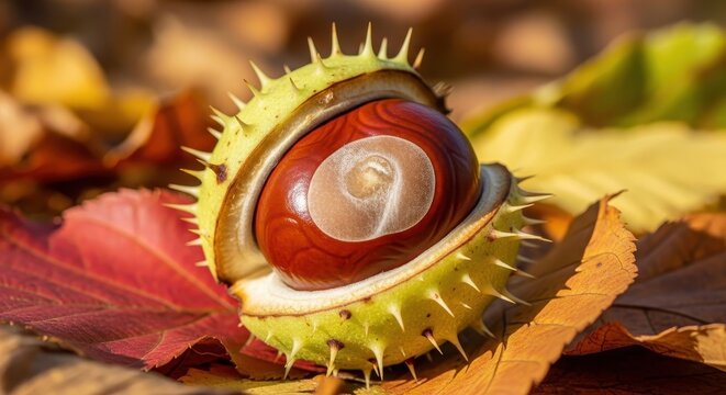Detailed Macro Shot of a Horse Chestnut Seed in Autumn.
