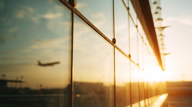 runway. An airport terminal window reflecting golden sunset light as a plane departs in the distance. inspiring travel planning.