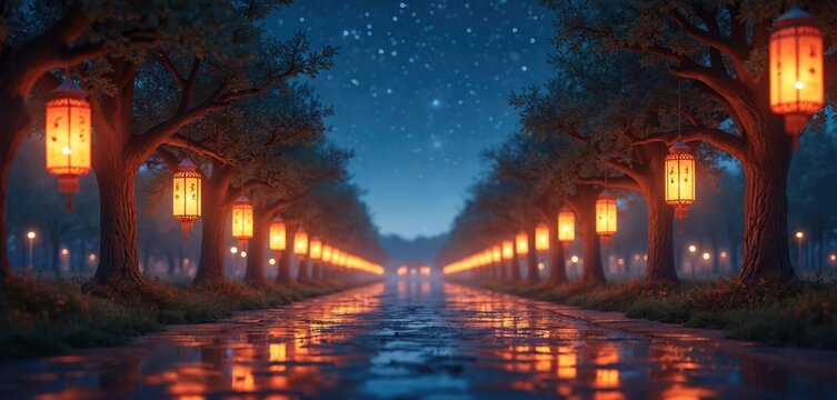 Row of trees with glowing lanterns hanging from branches. Wet path reflects orange light under starry night sky. Empty park lane with ambient lights in background, peaceful evening scene.