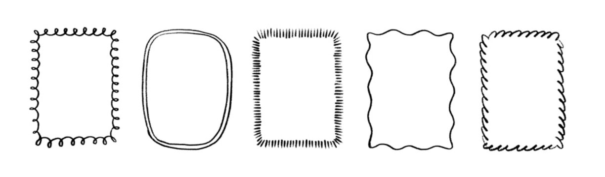 Hand drawn doodle frames set. Vector sketchy borders with curly, wavy, and dashed edges. Blank rectangular text boxes isolated on white background.