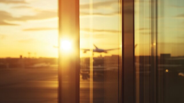 runway. An airport terminal window reflecting golden sunset light as a plane departs in the distance. inspiring travel planning.