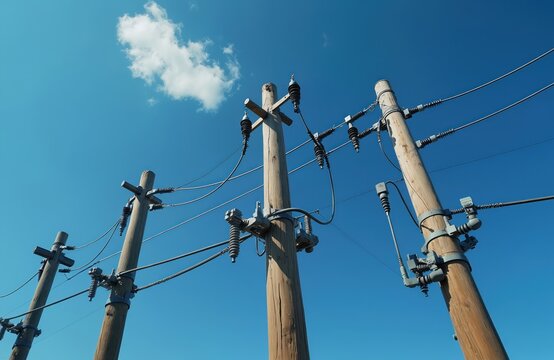 Power lines on wooden poles against clear blue sky. Electrical grid infrastructure carrying energy to homes and businesses. Utility poles with wires connect to buildings.