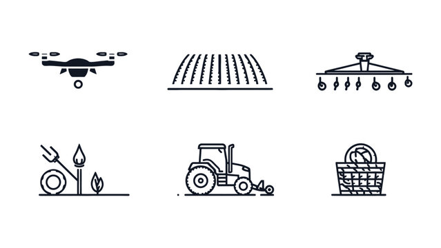 Farm Icons: A set of essential agricultural icons representing modern farming technology, essential tools, and processes.