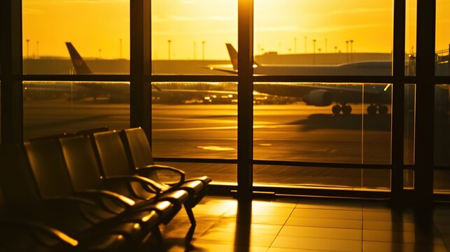 runway. An airport terminal window reflecting golden sunset light as a plane departs in the distance. inspiring travel planning.