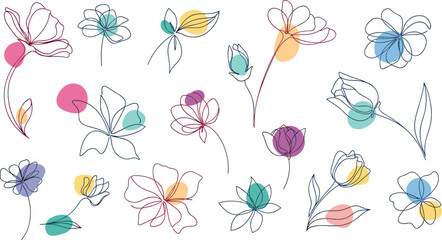 Obraz premium Minimal abstract floral line art vector set with colorful shapes, modern botanical flowers and artistic illustration collection