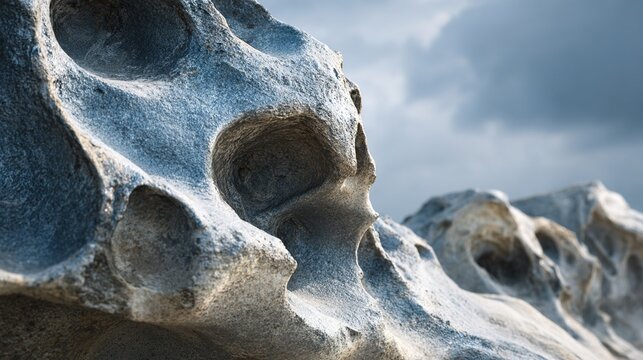 mineral. Water-worn coastal rock formation with glossy surface under overcast sky. travel magazines, destination branding, designed for outdoor magazines and nature guides, used by bi analysts.