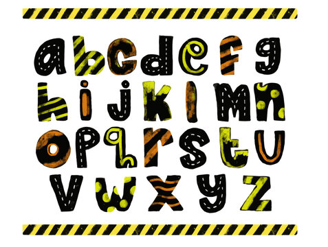 Cute set colorful hand drawn lowercase alphabet ABC letters font color with striped road street under construction site theme doodle kids illustration transparent clipart poster nursery vector