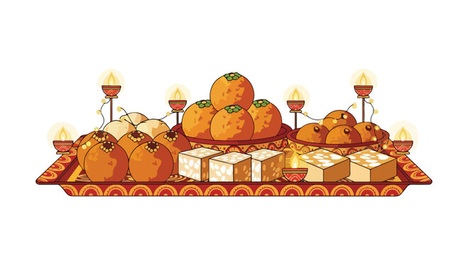 Traditional Indian sweets platter with assorted mithai like laddu barfi and gulab jamun served on a decorative tray with lit oil lamps for Diwali festival celebration in India
