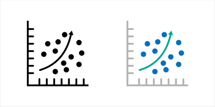 Outline icon set. of scatter chart with upward trend line representing analytics, statistics, and data growth.