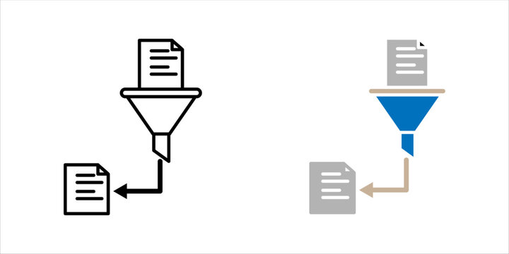 Minimal outline icon set. of funnel filtering documents representing data processing, sorting, and organization.