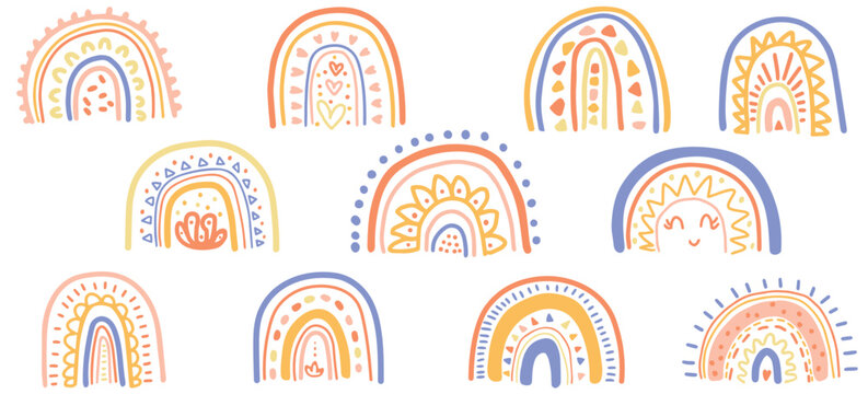 Hand drawn boho rainbows clipart set in pastel nudes for scandinavian nursery decor baby shower print and junk journals