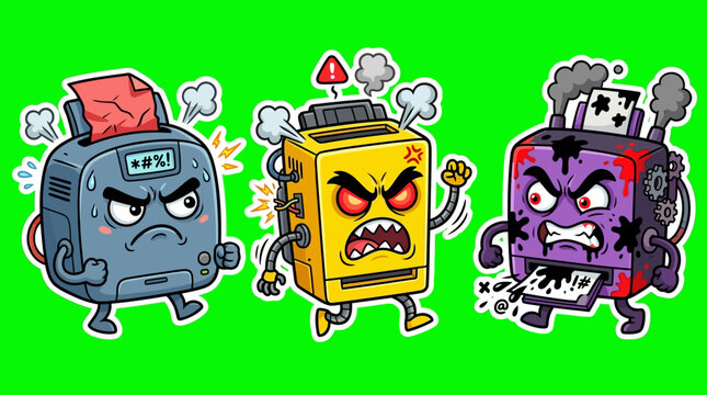 Angry Cartoon Printers Displaying Frustration and Technical Difficulties.