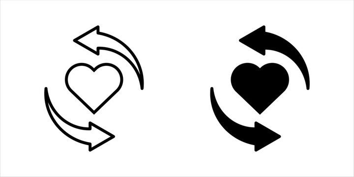 Outline icon setr. of heart with circular arrows symbolizing renewal, relationship, love cycle, and emotional connection.