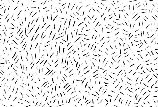 Abstract hand drawn scattered short lines pattern. Black and white grunge dashes texture. Messy ink strokes doodle background vector illustration.