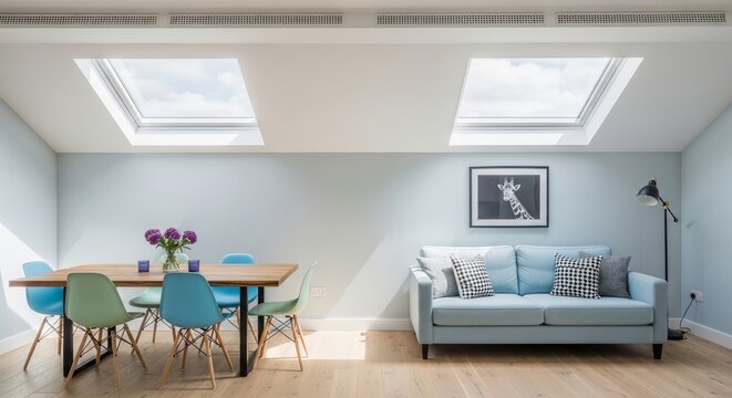 Modern living room with sofa dining table and skylights in a minimalist interior design