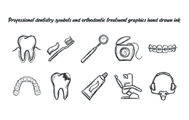 Professional dentistry symbols and orthodontic treatment graphics hand drawn ink © Billal