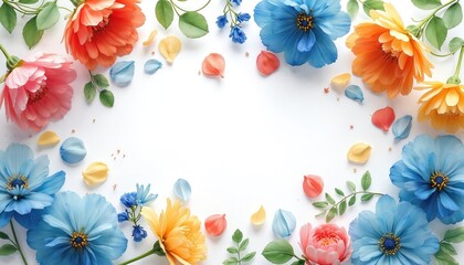 Fototapeta na wymiar Bright floral border with various blooming flowers and petals on white background. Blue orange pink yellow blossoms with green leaves create a lively decorative frame for text.