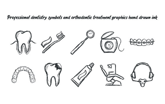 Professional dentistry symbols and orthodontic treatment graphics hand drawn ink