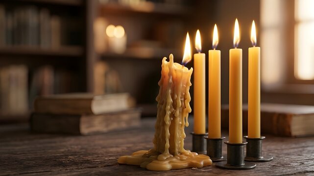 A melting candle lighting other candles on a wooden table, concept of self-sacrifice, leadership, and inspiration