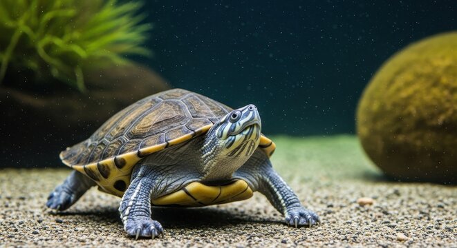 Detailed Portrait of a Turtle in an Aquarium Environment.