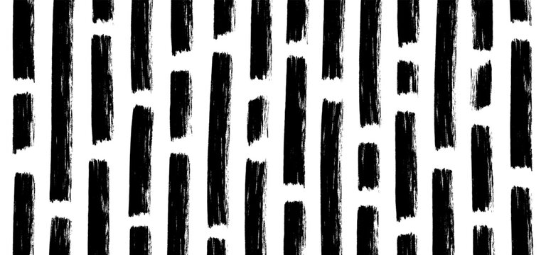 Abstract grunge background with vertical black brush strokes. Hand drawn dashed lines texture. Rough dry paint ink marks pattern vector illustration.