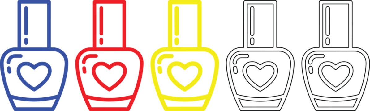 Colorful nail polish bottles with heart designs on white background