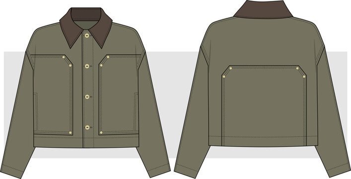 Unisex Short Army Cargo Jacket fashion technical drawing illustration. front and back view, men women worker casual jacket. cad, mockup. 