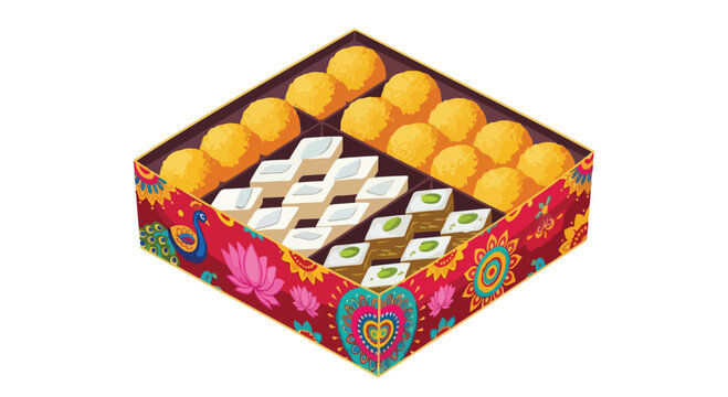 Traditional Indian sweets box with laddu kaju katli and barfi for diwali celebration and festive gifting in india isolated on white background vector illustration