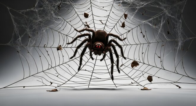 Detailed Spider on Web in Black and White.