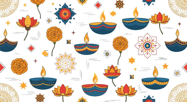 Diwali festival seamless pattern featuring traditional oil lamps or diyas marigold flowers lotus and decorative rangoli mandalas on white background for Indian celebrations