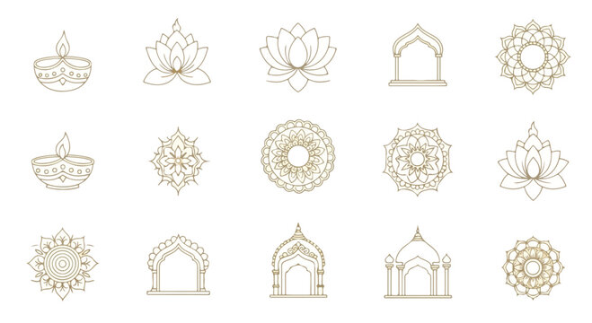 Elegant collection of Diwali festival line icons featuring diya lamps lotus flowers mandalas and Indian temple architecture elements for traditional celebration and greeting card design