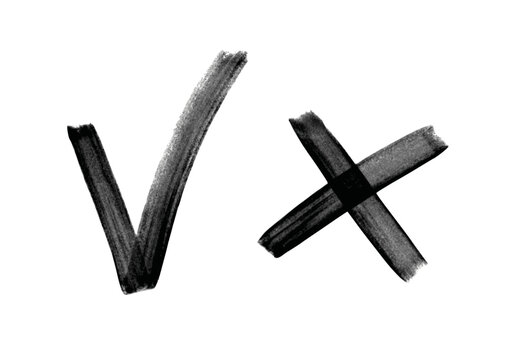 Hand drawn black checkmark and cross symbol. Grunge dry marker brush tick and x mark texture. Yes and no reject approve signs vector illustration.