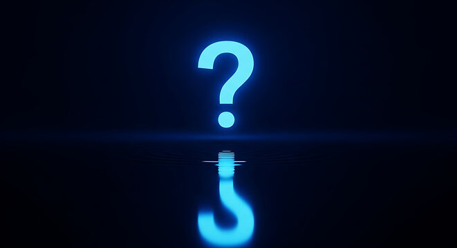 A glowing blue question mark reflected in a dark surface with a hook below