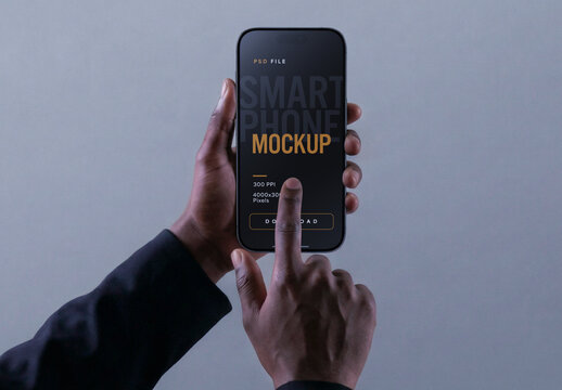 Cinematic Smartphone Mockup With Two Hands Tapping Screen On Gray Background
