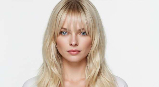 Vertical portrait of a young woman with long blonde hair and bangs. Female model with straight hairstyle and fringe on white background