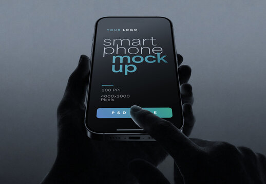  Cinematic Smartphone Mockup Held Vertically By Silhouette Hands On Blue Gray Background