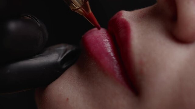 Slow motion closeup of permanent cosmetic tattooing on lips by technician in beauty studio.