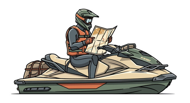 Man riding a jet ski with map.
