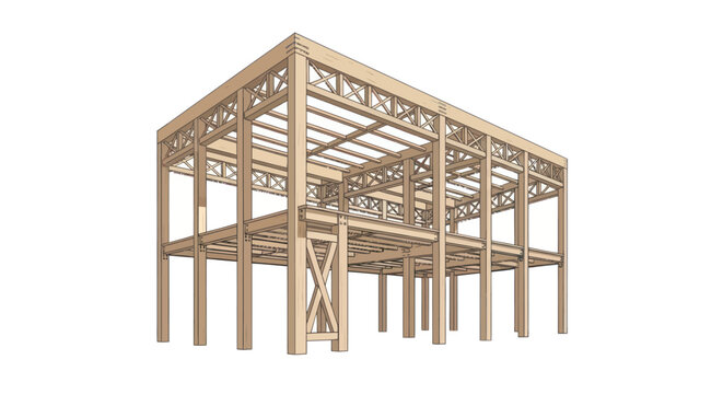 Wooden house frame structure beams.