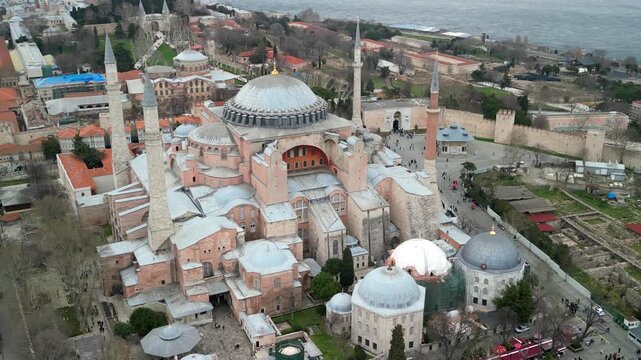 Istanbul Hagia Sophia mosque, Bosphorus strait, fly back shot