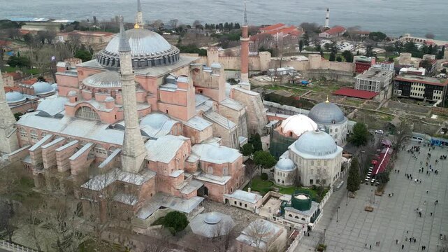 Istanbul Hagia Sophia mosque, Bosphorus strait, zoom-in shot
