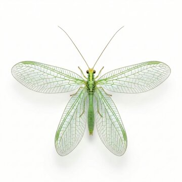Green lacewing insect with spread transparent wings isolated on a clean white background top view Generative AI