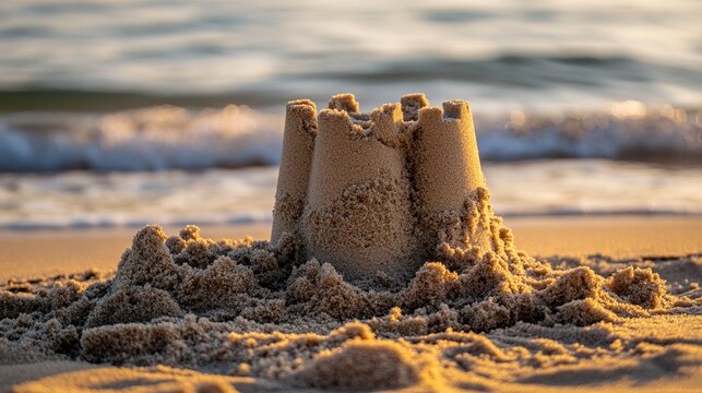 trickle. A sandcastle's base slowly eroded by a trickle of water at golden hour. travel magazines, destination branding, designed for travel destination branding, used by researchers.