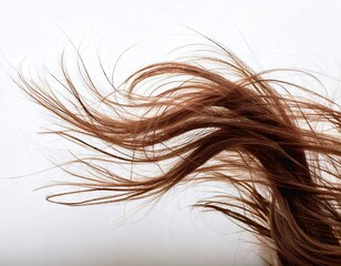 Fototapeta premium Stunning brown hair strands flowing in the wind, isolated on white. A dynamic metaphor for freedom and vitality, ideal for hair care advertisements, beauty concepts, and salon marketing.