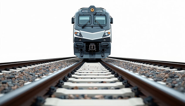 Modern locomotive approaches on empty railway tracks. Freight or passenger train travels on a steel rail line. Transportation and logistics on a clear white background.