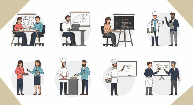Diverse professionals engage in activities, from planning and coding to medicine and culinary arts