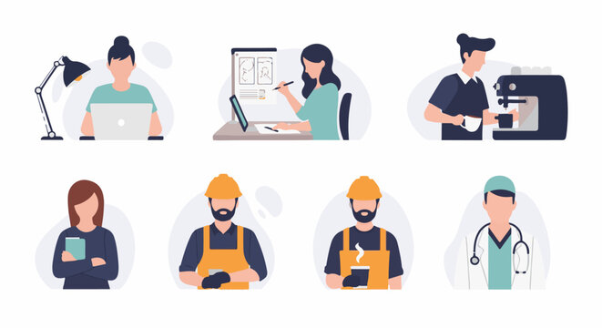 Diverse professionals, each with tools and items representing their occupation