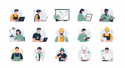 Fototapeta premium Diverse professionals engaging in work, including office tasks, healthcare, construction, and culinary arts