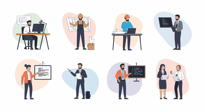 Diverse professionals engage in various tasks coding, building, presenting, and interviewing